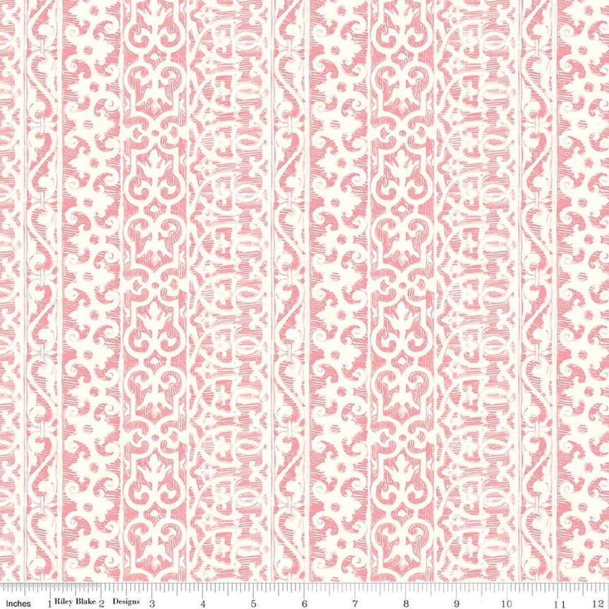 Image of the Nature's Portrait Filigree Petal quilting cotton fabric by Riley Blake Designs. Features stripes on a pink background. Cute Little Fabric Shop