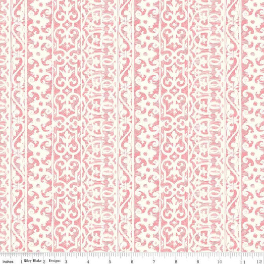 Image of the Nature's Portrait Filigree Petal quilting cotton fabric by Riley Blake Designs. Features stripes on a pink background. Cute Little Fabric Shop