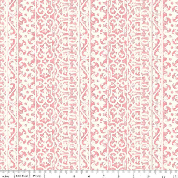 Image of the Nature&#39;s Portrait Filigree Petal quilting cotton fabric by Riley Blake Designs. Features stripes on a pink background. Cute Little Fabric Shop