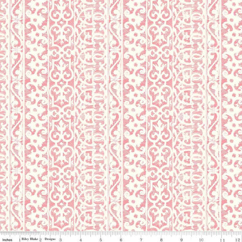 Image of the Nature&#39;s Portrait Filigree Petal quilting cotton fabric by Riley Blake Designs. Features stripes on a pink background. Cute Little Fabric Shop