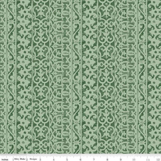 Image of the Nature's Portrait Filigree Forest quilting cotton fabric by Riley Blake Designs. Features stripes on a green background. Cute Little Fabric Shop