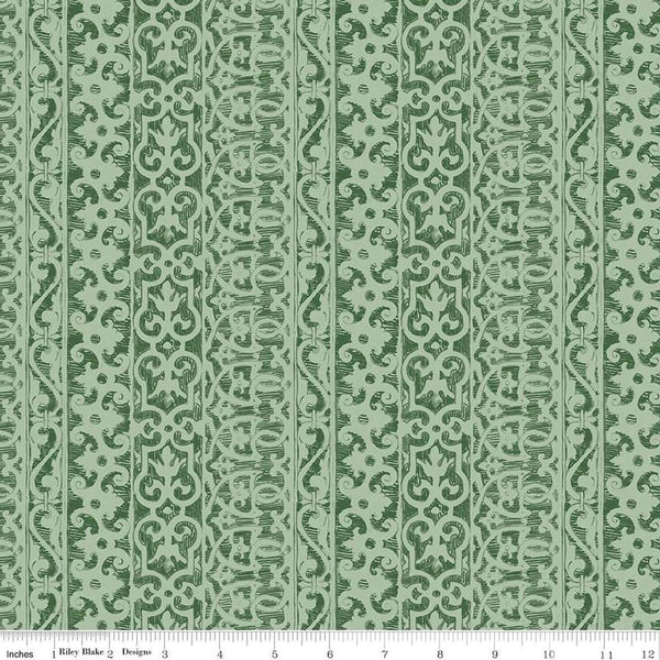 Image of the Nature&#39;s Portrait Filigree Forest quilting cotton fabric by Riley Blake Designs. Features stripes on a green background. Cute Little Fabric Shop