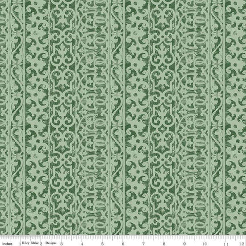 Image of the Nature&#39;s Portrait Filigree Forest quilting cotton fabric by Riley Blake Designs. Features stripes on a green background. Cute Little Fabric Shop