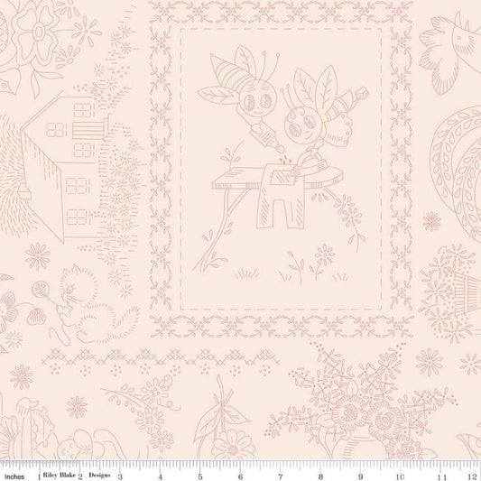 2 Yard 34" End of Bolt - Granny Chic Vintage Embroidery WIDEBACK WB15578 Coral - Riley Blake - Lori Holt - 108" - Quilting Cotton