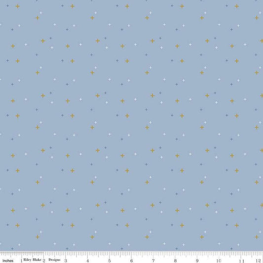 DEAL Sparkler SC650 Lake Blue SPARKLE - Riley Blake Designs - Plus Signs Gold SPARKLE Metallic - Quilting Cotton Fabric