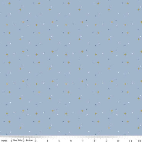Sparkler SC650 Lake Blue SPARKLE - Riley Blake Designs - Plus Signs Gold SPARKLE Metallic - Quilting Cotton Fabric
