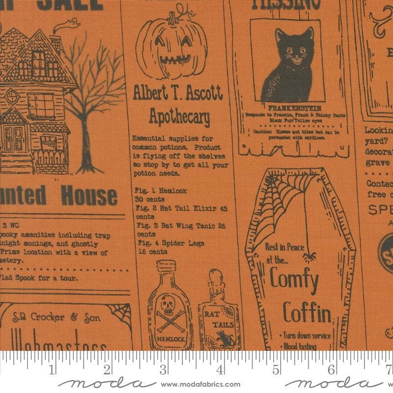 Image of the Home Sweet Haunt Newspaper Pumpkin quilting cotton fabric by Moda Fabrics. Features text on an orange background. Cute Little Fabric Shop