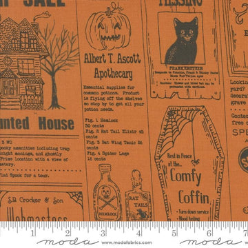 Image of the Home Sweet Haunt Newspaper Pumpkin quilting cotton fabric by Moda Fabrics. Features text on an orange background. Cute Little Fabric Shop