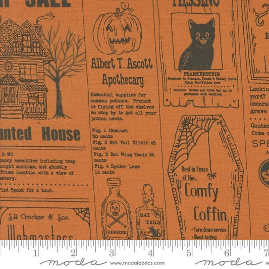 Image of the Home Sweet Haunt Newspaper Pumpkin quilting cotton fabric by Moda Fabrics. Features text on an orange background. Cute Little Fabric Shop