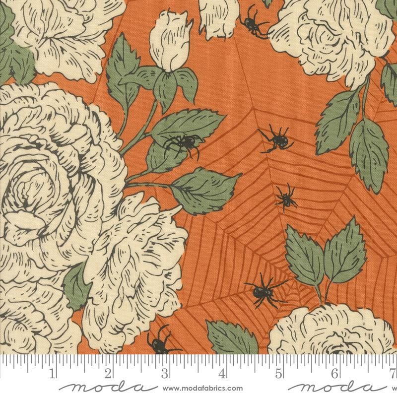 Image of the Home Sweet Haunt Roses Pumpkin quilting cotton fabric by Moda Fabrics. Features flowers on an orange background. Cute Little Fabric Shop