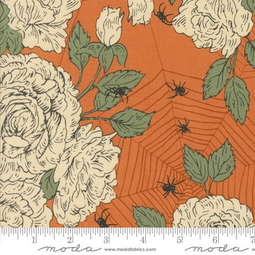 Image of the Home Sweet Haunt Roses Pumpkin quilting cotton fabric by Moda Fabrics. Features flowers on an orange background. Cute Little Fabric Shop