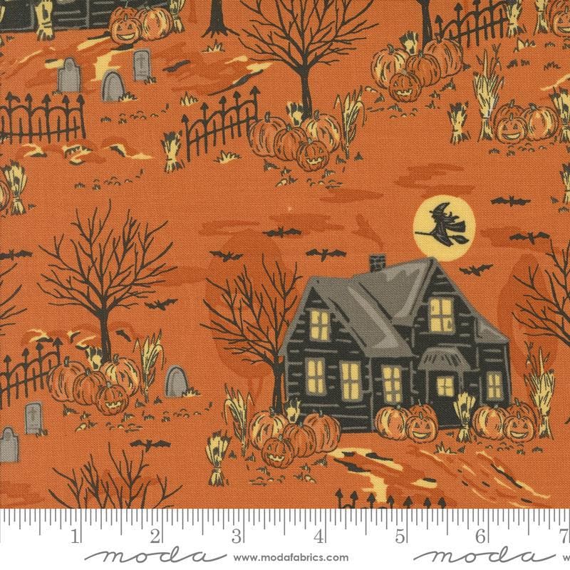 Image of the Home Sweet Haunt Haunted Pumpkin quilting cotton fabric by Moda Fabrics. Features haunted houses on an orange background. Cute Little Fabric Shop