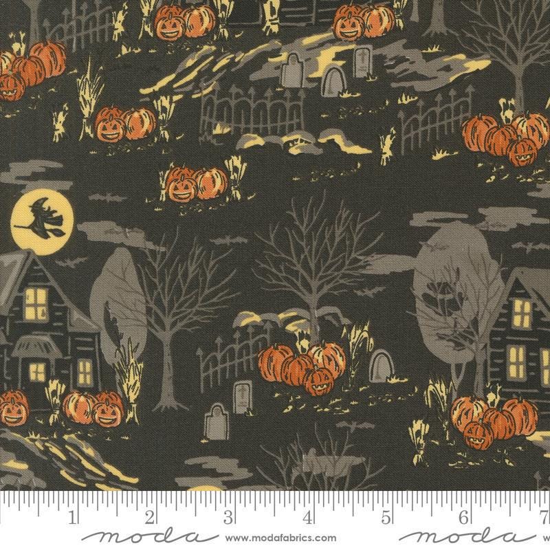 Image of the Home Sweet Haunt Haunted Charcoal quilting cotton fabric by Moda Fabrics. Features haunted houses on a black background. Cute Little Fabric Shop