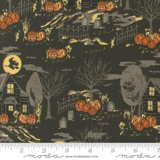 Image of the Home Sweet Haunt Haunted Charcoal quilting cotton fabric by Moda Fabrics. Features haunted houses on a black background. Cute Little Fabric Shop