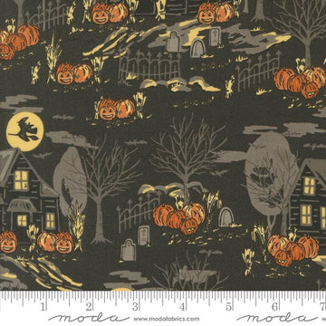 Image of the Home Sweet Haunt Haunted Charcoal quilting cotton fabric by Moda Fabrics. Features haunted houses on a black background. Cute Little Fabric Shop