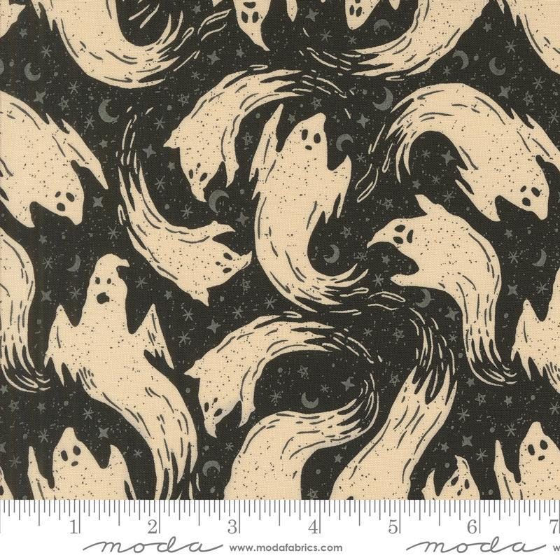 Image of the Home Sweet Haunt Ghost Midnight quilting cotton fabric by Moda Fabrics. Features ghosts on a blue background. Cute Little Fabric Shop