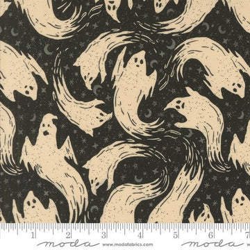 Image of the Home Sweet Haunt Ghost Midnight quilting cotton fabric by Moda Fabrics. Features ghosts on a blue background. Cute Little Fabric Shop