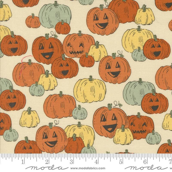 Image of the Home Sweet Haunt Pumpkins Bone quilting cotton fabric by Moda Fabrics. Features pumpkins on a cream background. Cute Little Fabric Shop