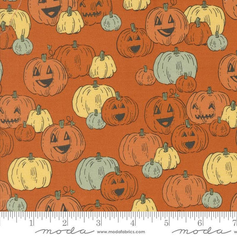 Image of the Home Sweet Haunt Pumpkins Rust quilting cotton fabric by Moda Fabrics. Features pumpkins on an orange background. Cute Little Fabric Shop