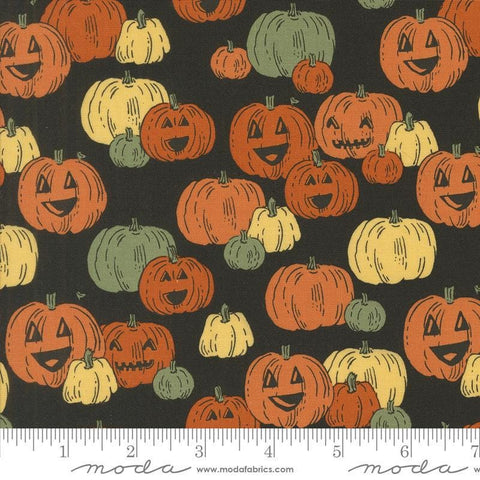 Image of the Home Sweet Haunt Pumpkins Midnight quilting cotton fabric by Moda Fabrics. Features pumpkins on a navy blue background. Cute Little Fabric Shop