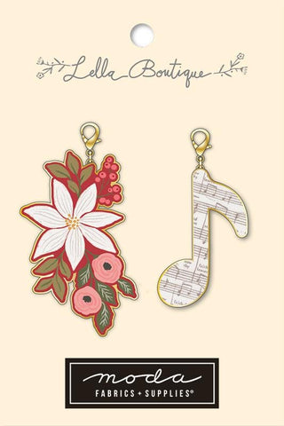 Poinsetta Music Note Zip Pull LB191 2 Count by Lella Boutique - Flower Music Note - Moda Fabrics - Two Count - Lobster Clasps