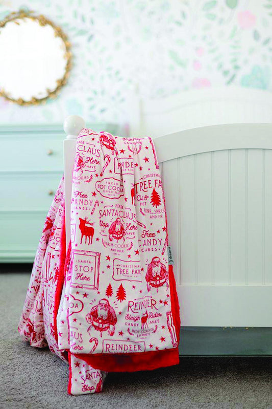 SALE Old-Fashioned Christmas Labels Minky Blanket - MB1009 - Riley Blake Designs - Text Icons Red Cream - Prepackaged Dreamy Minky Blanket