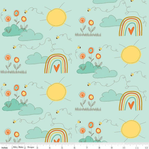 Fat Quarter End of Bolt Piece - SALE Bumble and Bear Main C12670 Mint - Riley Blake Designs - Flowers Suns Rainbows - Quilting Cotton Fabric