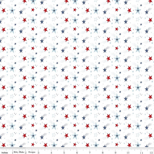 Stars & Stripes Forever Shooting Stars C15712 White - Riley Blake Designs - Star Dots Comet Patriotic - Quilting Cotton Fabric