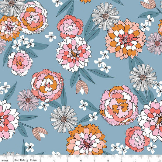DEAL Heartsong Main C11300 Blue - Riley Blake Designs - Floral Flowers Blossoms - Quilting Cotton Fabric