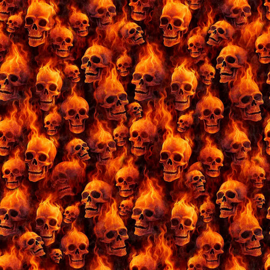 Image of the Gotta Have it Flaming Skulls Burnt Orange quilting cotton fabric by Morris Creative Group for QT Fabrics. Features skulls on a red background. Cute Little Fabric Shop