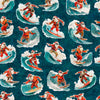 Image of the Gotta Have it Surfing Santas Teal quilting cotton fabric by Morris Creative Group for QT Fabrics. Features santas on a teal background. Cute Little Fabric Shop