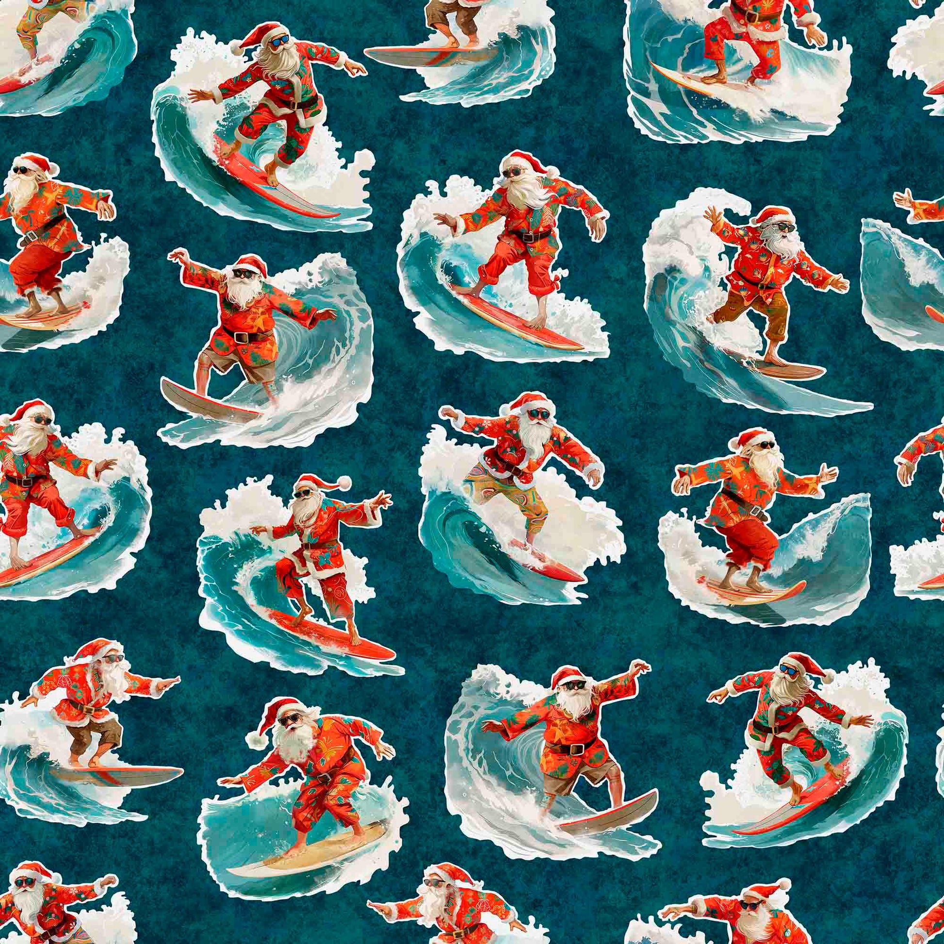 Image of the Gotta Have it Surfing Santas Teal quilting cotton fabric by Morris Creative Group for QT Fabrics. Features santas on a teal background. Cute Little Fabric Shop