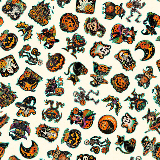 Image of the Happy Haunting Halloween Character Toss Cream quilting cotton fabric by Morris Creative Group for QT Fabrics. Features characters on a cream background. Cute Little Fabric Shop