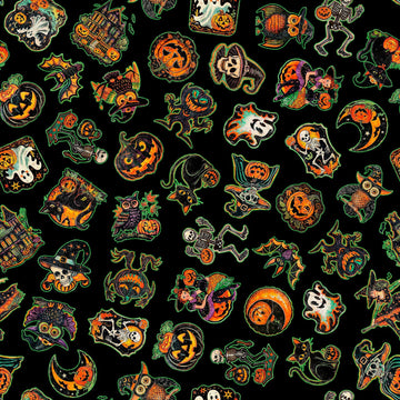 Image of the Happy Haunting Halloween Character Toss Black quilting cotton fabric by Morris Creative Group for QT Fabrics. Features characters on a black background. Cute Little Fabric Shop
