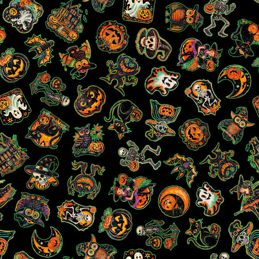Image of the Happy Haunting Halloween Character Toss Black quilting cotton fabric by Morris Creative Group for QT Fabrics. Features characters on a black background. Cute Little Fabric Shop