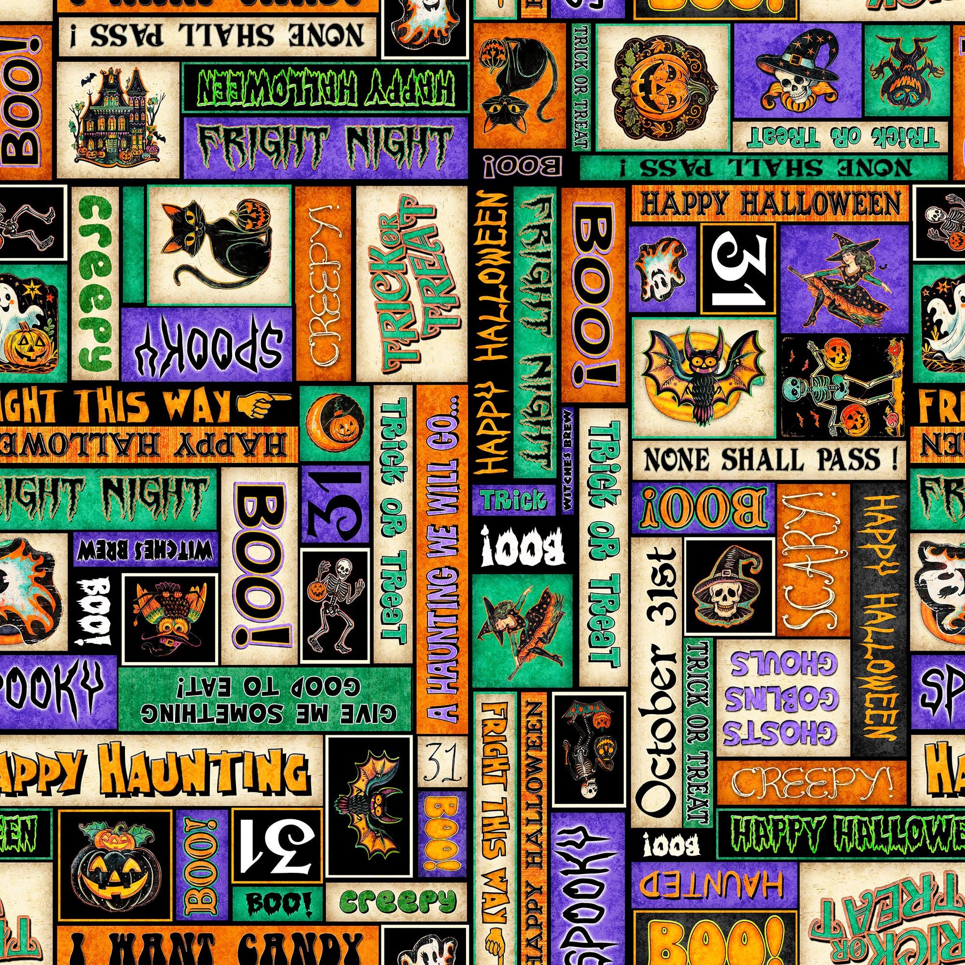 Image of the Happy Haunting Halloween Text Multi quilting cotton fabric by Morris Creative Group for QT Fabrics. Features text on a black background. Cute Little Fabric Shop