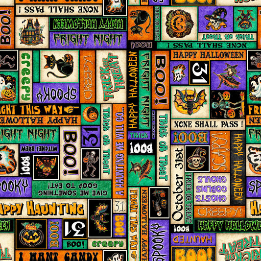 Image of the Happy Haunting Halloween Text Multi quilting cotton fabric by Morris Creative Group for QT Fabrics. Features text on a black background. Cute Little Fabric Shop
