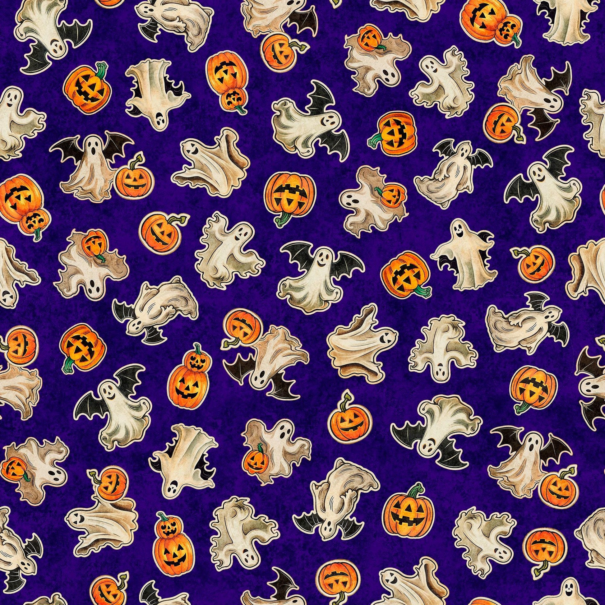 Image of the Happy Haunting Ghosts & Pumpkins Purple quilting cotton fabric by Morris Creative Group for QT Fabrics. Features pumpkins on a purple background. Cute Little Fabric Shop