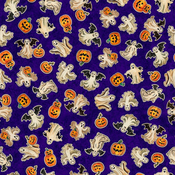 Image of the Happy Haunting Ghosts & Pumpkins Purple quilting cotton fabric by Morris Creative Group for QT Fabrics. Features pumpkins on a purple background. Cute Little Fabric Shop