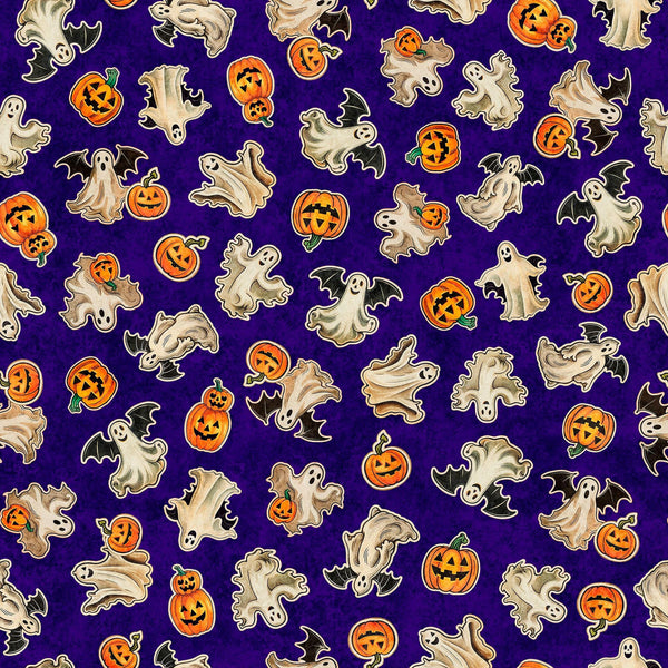 Image of the Happy Haunting Ghosts & Pumpkins Purple quilting cotton fabric by Morris Creative Group for QT Fabrics. Features pumpkins on a purple background. Cute Little Fabric Shop