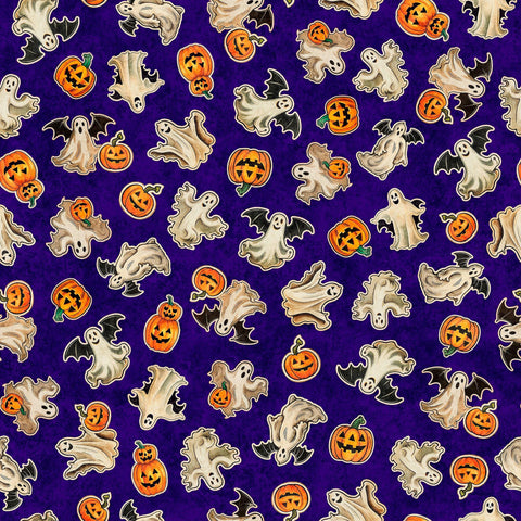 Image of the Happy Haunting Ghosts & Pumpkins Purple quilting cotton fabric by Morris Creative Group for QT Fabrics. Features pumpkins on a purple background. Cute Little Fabric Shop