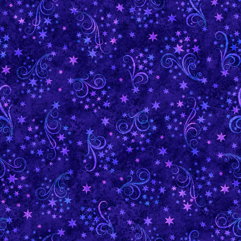 Image of the Happy Haunting Star Swirls Purple quilting cotton fabric by Morris Creative Group for QT Fabrics. Features swirls on a purple background. Cute Little Fabric Shop