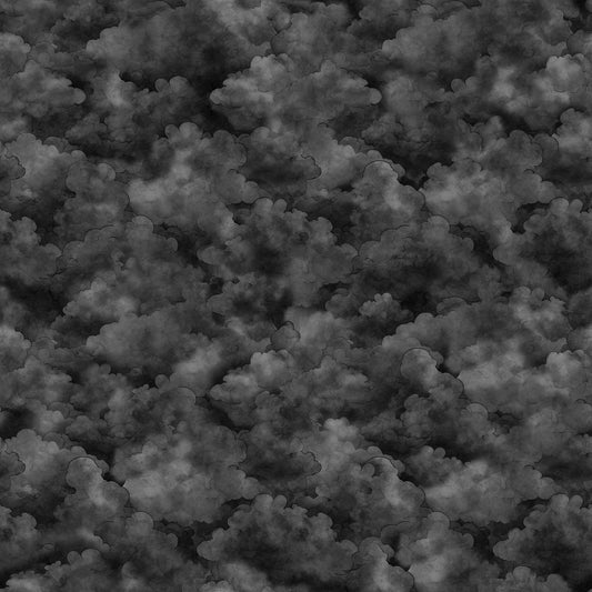 Image of the Happy Haunting Cloud Texture Smoke quilting cotton fabric by Morris Creative Group for QT Fabrics. Features clouds on a black background. Cute Little Fabric Shop
