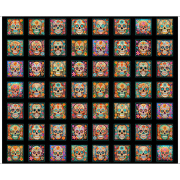 Skullduggery Sugar Skulls Patches Panel Black Day of the Dead Fabric 31140 - QT Quilting Cotton Fabric