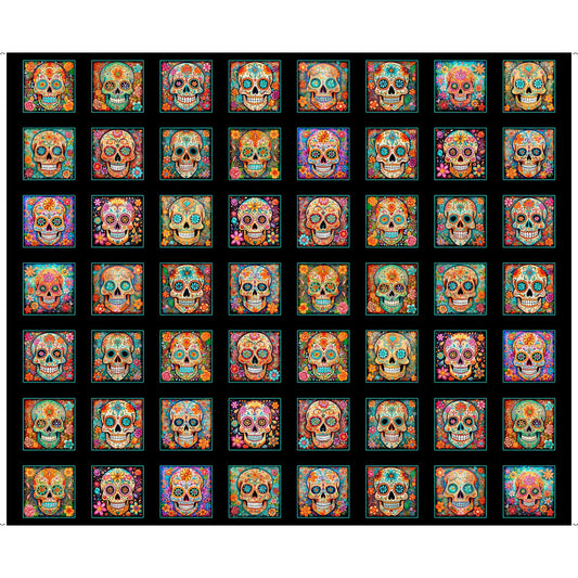 Skullduggery Sugar Skulls Patches Panel Black Day of the Dead Fabric 31140 - QT Quilting Cotton Fabric