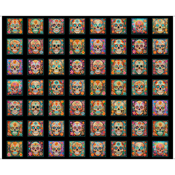 Skullduggery Sugar Skulls Patches Panel 31140 Black J - by QT Fabrics - Floral Dia de los Muertos Day of the Dead - Quilting Cotton Fabric