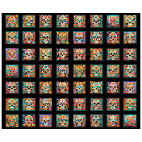 Skullduggery Sugar Skulls Patches Panel 31140 Black J - by QT Fabrics - Floral Dia de los Muertos Day of the Dead - Quilting Cotton Fabric