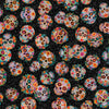 Image of the Skullduggery Sugar Skulls Toss Charcoal quilting cotton fabric by Morris Creative Group by QT Fabrics. Features skulls on a black background. Cute Little Fabric Shop
