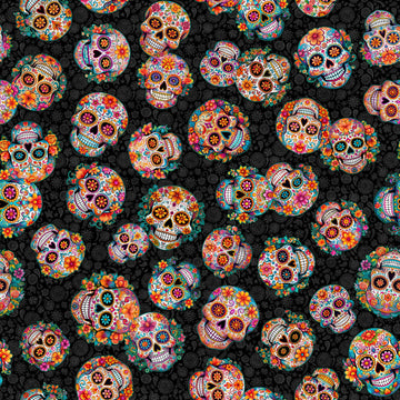Image of the Skullduggery Sugar Skulls Toss Charcoal quilting cotton fabric by Morris Creative Group by QT Fabrics. Features skulls on a black background. Cute Little Fabric Shop
