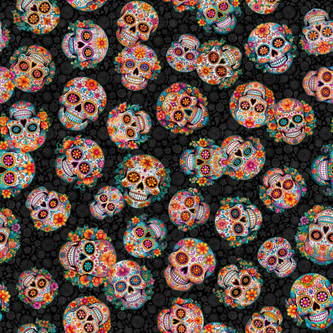 Image of the Skullduggery Sugar Skulls Toss Charcoal quilting cotton fabric by Morris Creative Group by QT Fabrics. Features skulls on a black background. Cute Little Fabric Shop